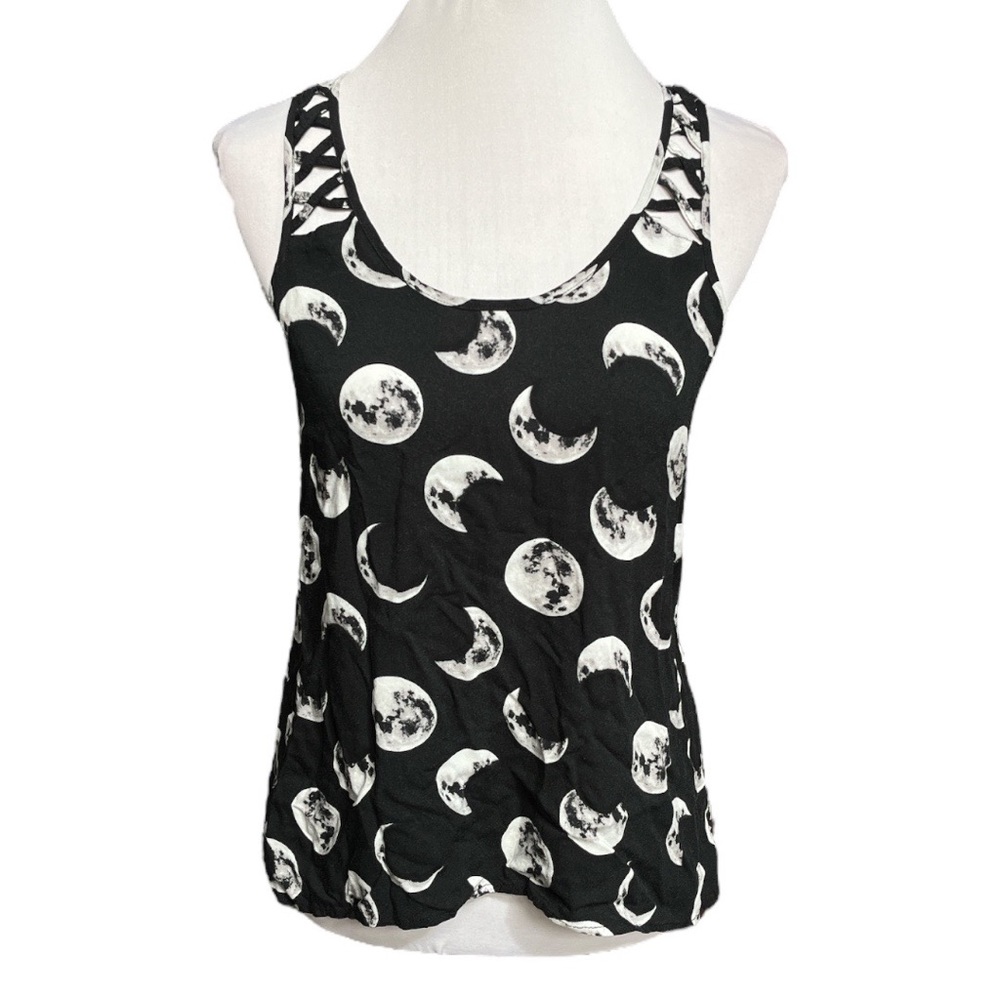 Hot Topic Moon Phases Crisscross Back Tank Top Black White Size Small - Picture 7 of 7